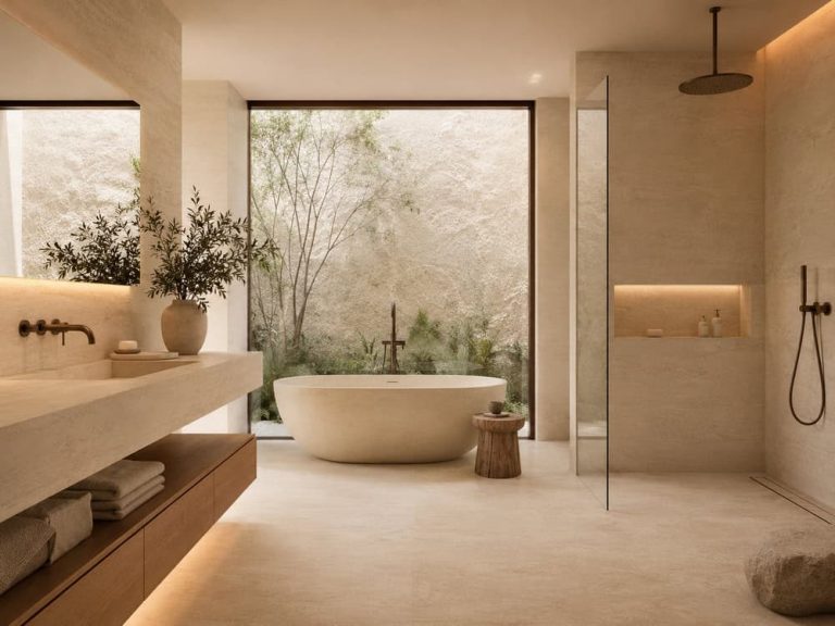 Baño moderno con revestimientos naturales en tonos crema y acabados continuos